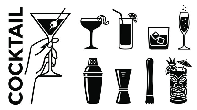 Black and white cocktail icon set with martini glass, hand holding drink, shaker, jigger, muddler, tiki mug, and bar tools for menu illustration.