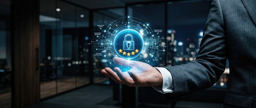 Enhancing digital security a corporate office overview of cyber protection strategies futuristic design and interactive technology in the modern workplace