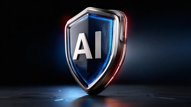 AI Shield: A gleaming shield bearing the bold initials AI symbolizes protection, innovation, and the advanced capabilities of artificial intelligence. It represents security and a futuristic approach.