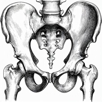 Detailed anatomical illustration of bovine pelvis and hip bones in frontal view