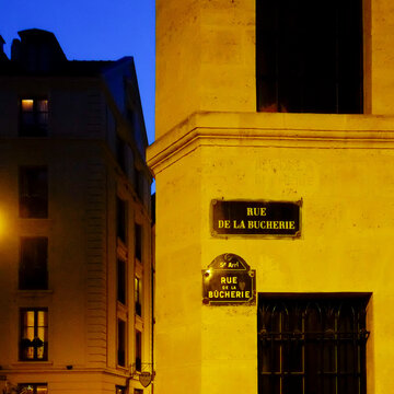 Paris street signs on twilight in the Latin Quarter