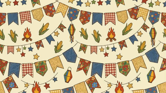 Festa junina seamless pattern with bunting flags, corn, bonfires and paper lanterns on a cream background