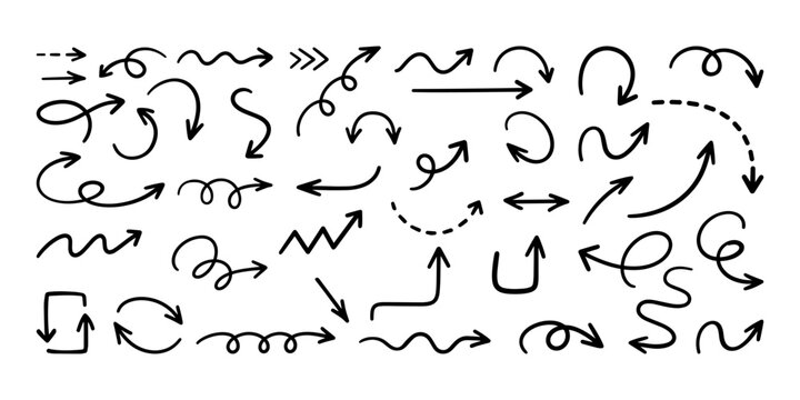 Hand drawn doodle arrows vector pointer set for navigation, infographics, notes, labels, and creative design elements