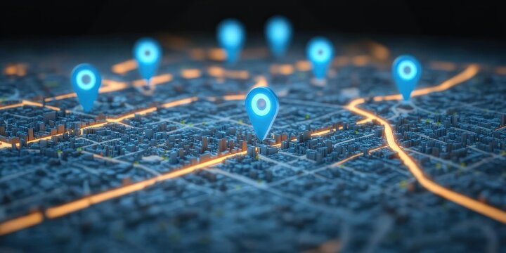 3d miniature city map with glowing orange streets and multiple blue location pins conveying a futuristic connected and precise navigation network