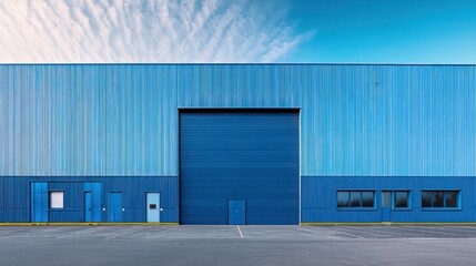 Obraz premium Expansive blue corrugated metal warehouse with central large loading door, small entry doors and windows, empty asphalt foreground under a clear blue sky, calm minimalist atmosphere
