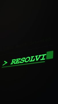 Glowing green text is typed out rapidly on a dark retro computer terminal screen interface. Concept of artificial intelligence interaction, machine learning, and vintage programming.
