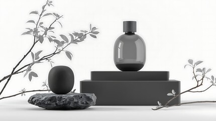 Fototapeta premium Minimalist monochrome product photography featuring a perfume bottle and decorative elements.