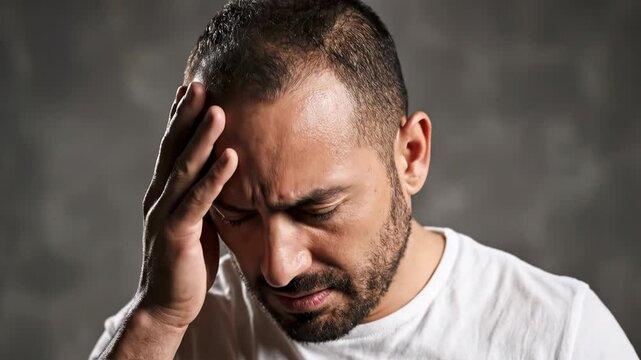 Distressed adult male with a beard and balding hair clutching his head in pain and frustration with eyes closed, wearing a white t-shirt against a dark blurred background.