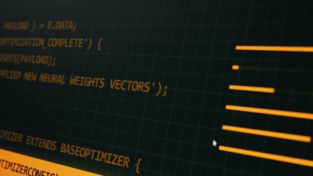 Macro view of orange code and data visualization bars on a dark digital grid screen. Concept of artificial intelligence development, machine learning algorithms, and software engineering.