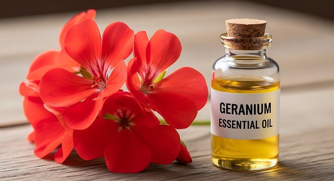 Geranium essential oil and flower arrangement.