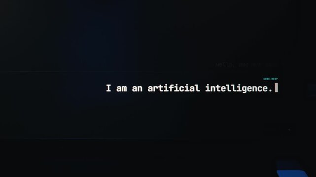 A digital chat interface displays the text Hello who are you on a dark screen with a blinking cursor. The minimalist terminal style shows a request for user input in a technical font.