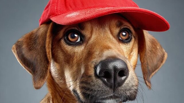 Cool Canine in Red Cap: A charming canine, sporting a stylish red cap, gazes with soulful eyes, radiating a sense of playful confidence. 