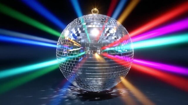 Disco Ball's Prism: A disco ball shines, reflecting vibrant light patterns across a dark background, evoking a sense of celebration and nightlife.