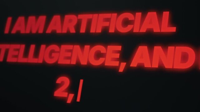 Red glowing text reading I am Artificial Intelligence appears on a dark monitor with digital glitch effects and distorted symbols. Concept of machine uprising and cyber security threats.