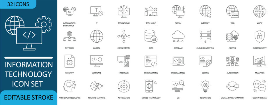 information technology line icon set. Professional thin outline symbols for web, cloud computing, AI, coding, and digital transformation.