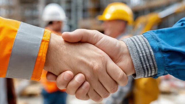 Handshake of Collaboration: Two construction workers sealing a deal with a firm handshake, symbolizing partnership and cooperation on a bustling construction site.