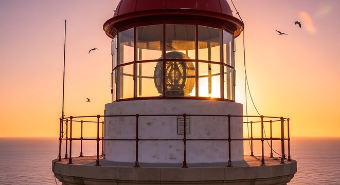 Lighthouse on the ocean at sunset.