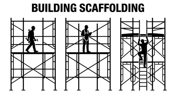Construction workers on scaffolding during building project with clean space Vector Silhouette