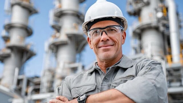 The Engineer's Insight: A seasoned engineer, safety glasses and a hardhat, radiating confidence and expertise as he stands against the backdrop of an industrial facility.