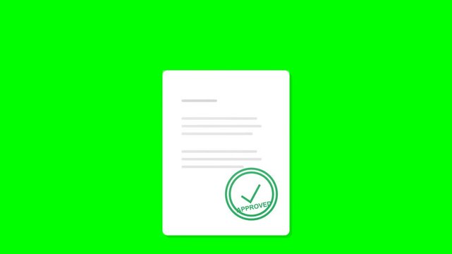 Animated approved stamp being applied to a white document on a green screen background