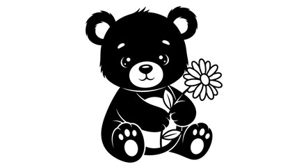 Adorable Black Bear Cub Holding a Daisy Flower Illustration. © Nuer17