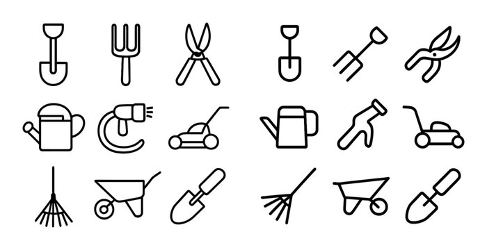 Garden tool icons displaying shovels rakes hoses and wheelbarrows