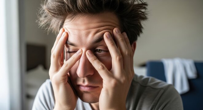 Young man battling extreme fatigue and stress, visibly exhausted with disheveled hair, rubbing his tired eyes and forehead after a restless night, conveying a sense of weariness