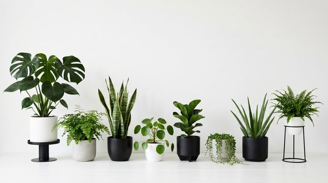 A collection of various green potted plants on a white surface and background