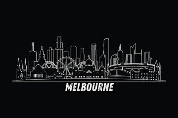 Fototapeta premium Minimal Melbourne, Australia skyline line art with iconic landmarks and modern architecture isolated on black background illustration.