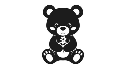 Fototapeta premium Cute Black Teddy Bear Holding Flower Adorable Toy Illustration.