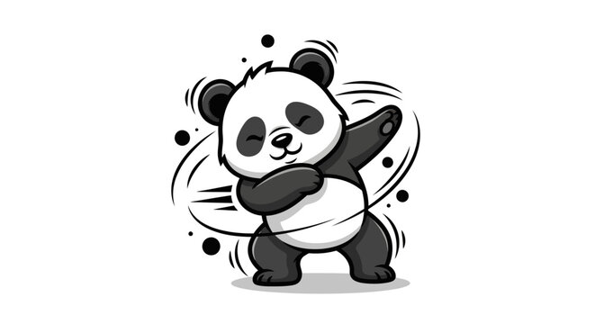 Cute cartoon panda dancing with joyful expression and swirling lines.