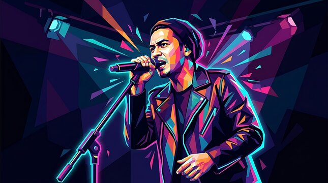 Vibrant WPAP Pop Art Illustration of Male Singer on Stage