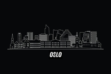 Naklejka premium Minimal Oslo, Norway skyline line art with iconic landmarks and modern architecture isolated on black background illustration.