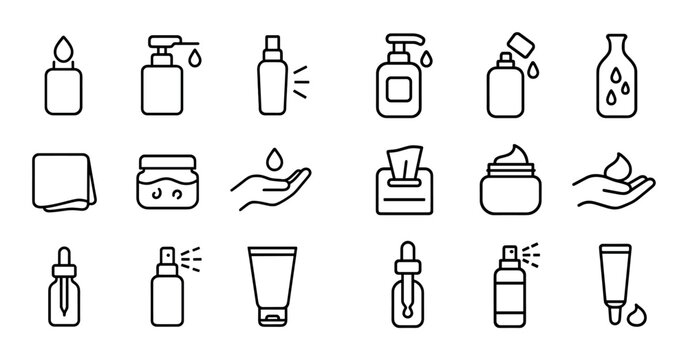 Skincare dispenser icons showing cosmetic product types on white