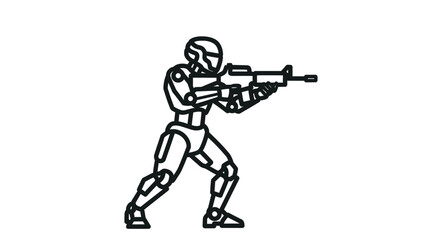 Fototapeta premium Futuristic soldier with rifle, line art animation character, ready to fire