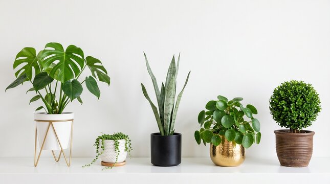 Five different potted plants on a white shelf against a white wall background
