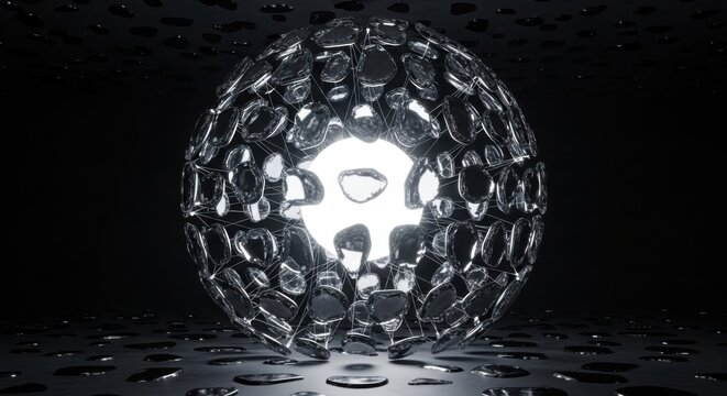Glowing metallic sphere, chrome ball, reflective surface, futuristic design