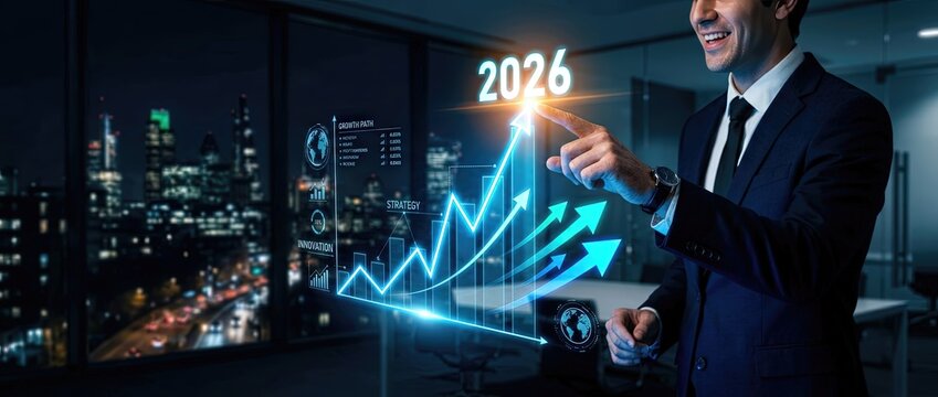 Business growth analysis for 2026 professional executive in office with digital graphs urban city skyline futuristic data visualization night view