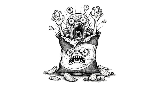 Angry monster coming out bag.