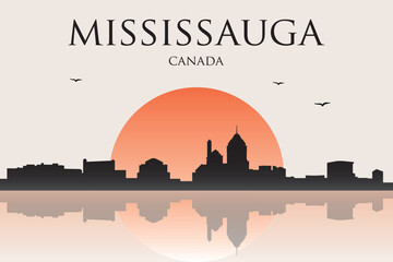 Fototapeta premium Minimalist contemporary Japanese-style drawing of a half sun skyline with water reflection poster panorama of MISSISSAUGA, CANADA