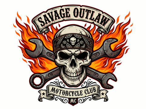 Vintage biker skull with roaring flames and crossed wrenches mascot logo for savage outlaw motorcycle club