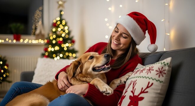 Woman and dog in Christmas living room.