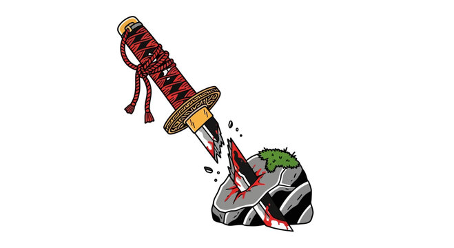 Sword slicing through watermelon halves.