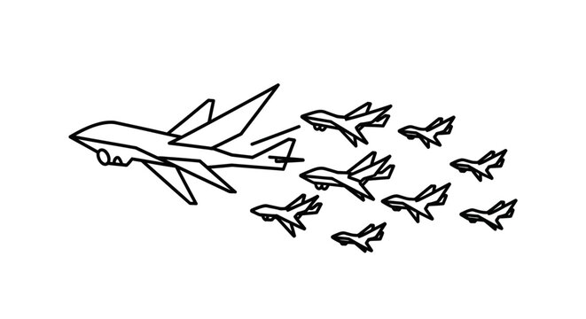 Jetliner leads squadron of fighter jets in formation, simple line drawing