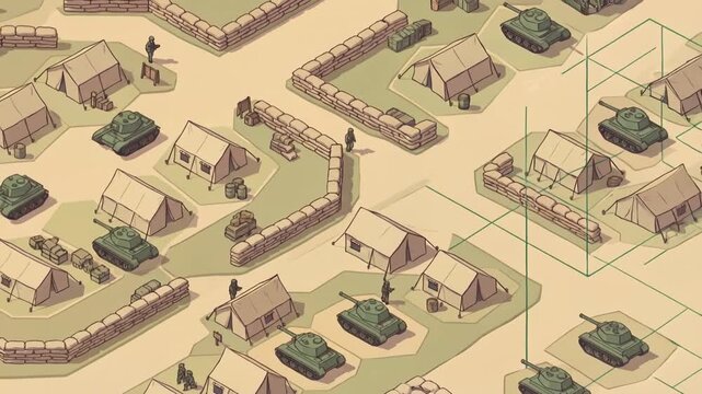 Isometric Military Camp Animation with Tanks and Tents, Grid Overlay, Strategic Game Map for Simulation