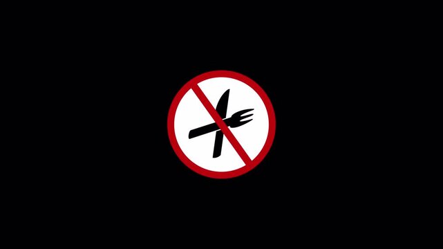 Eating not allowed ,food forbidden sign with  fork and knife animation on transparent background ,Fork Knife prohibition icon animation in 4k with Alpha channel