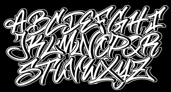 Graffiti Alphabet Letters Set - White Wildstyle Calligraphy Font on Black Background