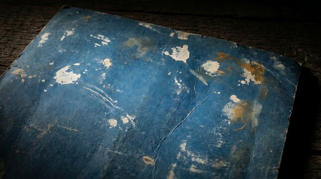Old, worn blue book cover with white paint splatters and grunge texture, resting on dark rustic wooden table, with dramatic lighting.