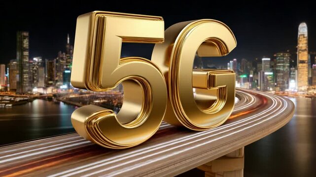 5G Network over Cityscape: A vibrant, gold-colored 5G emblem dominates a futuristic cityscape, representing the cutting-edge of wireless technology and its transformative impact. 
