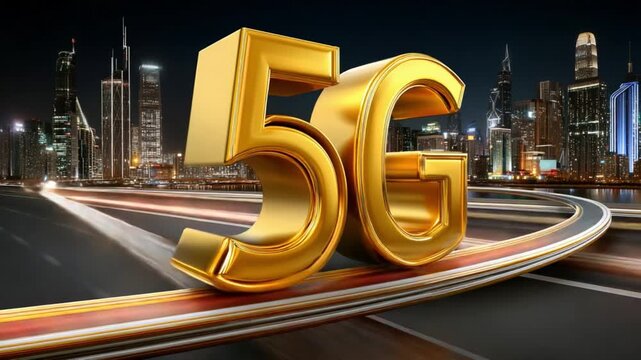 Golden 5G Connectivity: The gleaming golden 5G emblem stands boldly against the dynamic backdrop of a modern cityscape. signifying the fast speed of internet connection 